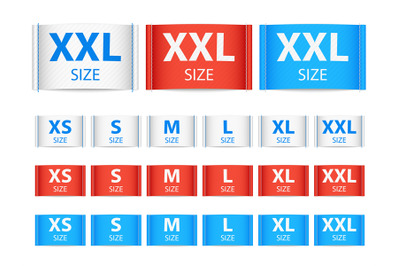 Fabric ribbon tags, clothing label with size vector collection
