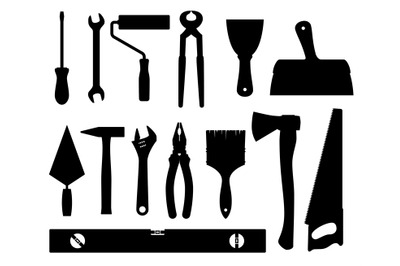 Construction tools vector black silhouettes isolated on white backgrou