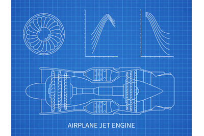 Airplane jet engine with turbine vector blueprint design