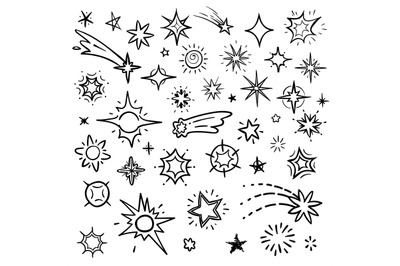 Doodle stars vector set isolated on white. Hand drawn sky with star an