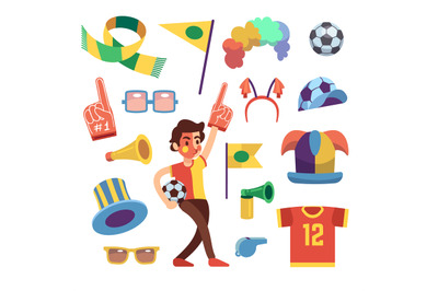 Soccer sports funs with tools to cheer team win. Cartoon vector set