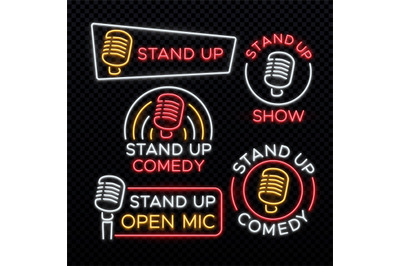 Stand Up comedy bright neon vector signs