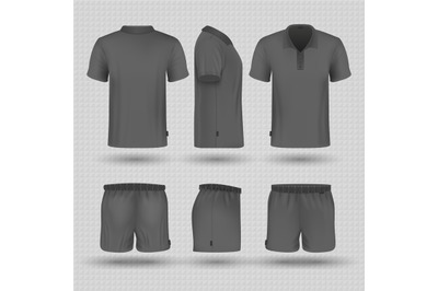 Soccer black sports uniform. Male shorts and t-shirt front&2C; side and b