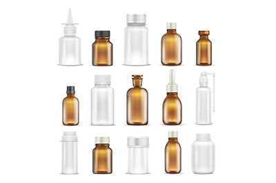 Medicine glass and plastic blank bottles isolated vector set