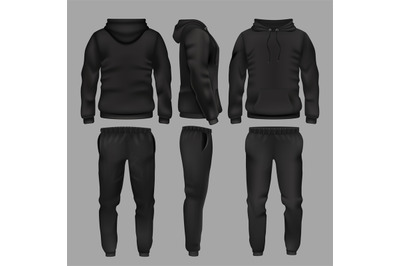 Black man sportswear hoodie and trousers vector mockup isolated