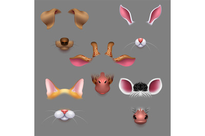 Animal ears and noses. Vector selfie photo filters animals faces masks