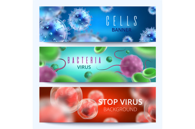 Microbiology and medical vector web banners with 3d bacteria and virus