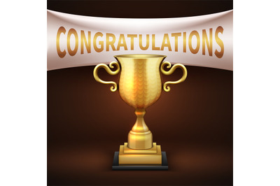 Golden luxury trophy cup with white textile banner and congratulations