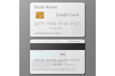 Realistic white bank credit card with chip vector template isolated