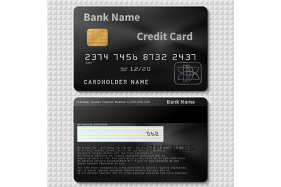 Realistic black bank plastic credit card with chip vector template iso