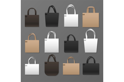 Blank white&2C; black and brown canvas shopping bag templates. Vector han