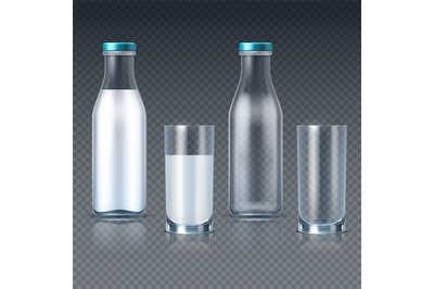 Realistic glass bottles and glasses with milk vector templates isolate