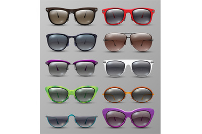 Isolated realistic sun glasses with color lens vector set