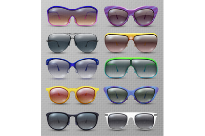 Realistic fashion sunglasses and glasses isolated vector set