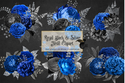 Royal Blue Black and Silver Floral Clipart
