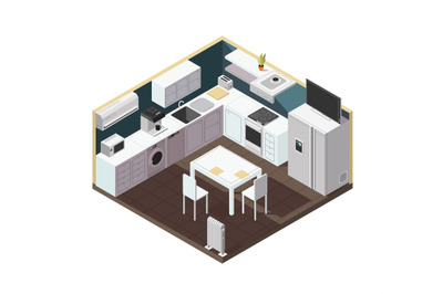 Isometric 3d kitchen interior with household appliance&2C; equipment and