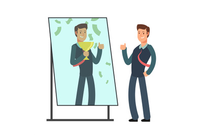 Businessman looking himself happy and successful in mirror reflection.