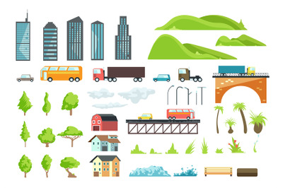 Flat city map vector elements with urban transport, road, trees and bu