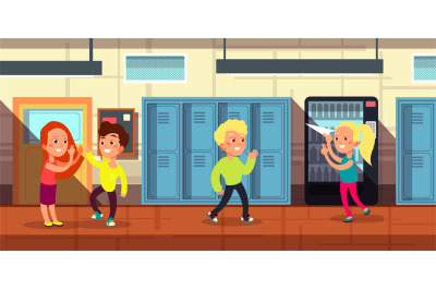 Schoolchildren in school corridor at classroom door cartoon vector ill