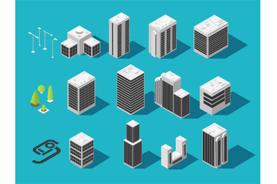 Isometric city 3d building and houses with urban elements vector set