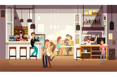 People eating lunch in cafe bar interior. Flat vector illustration