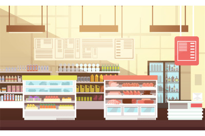 Modern super market empty interior flat vector illustration