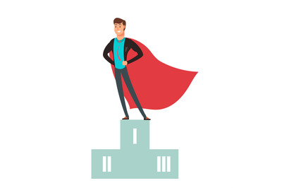 Business competition winner. Super hero man standing on podium vector