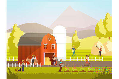 Cartoon farm with farmers, farm animals and equipment vector illustrat