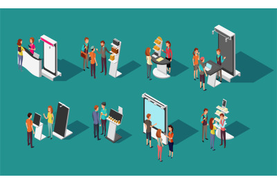 People standing at expo promotional stands vector 3d isometric set