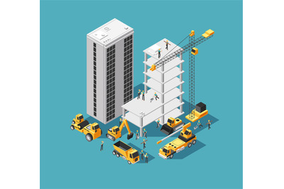 Building construction vector 3d isometric concept with builders and he