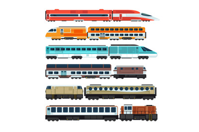 Railroad passenger trains and carriages. Flat vector railway transport