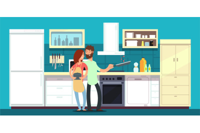 Happy couple cooking in kitchen vector illustration