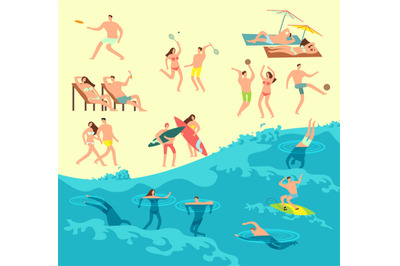 Sunbathing&2C; playing and swimming people in summer beach vector illustr