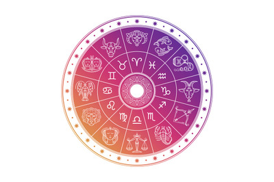 Colorful astrology circle design with horoscope signs isolated on whit