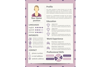 Female resume template with infographics elements and line icons