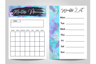 Modern Monthly planner and Weekly list template design
