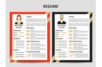 Male and female resume templates with flat elements