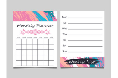 Weekly list and monthly planner template design
