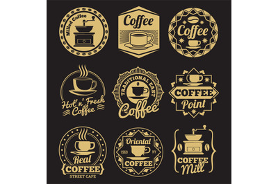 Gold coffee shop labels on black backdrop