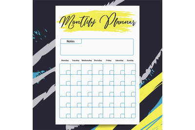 Monthly planner vector template with abstract grunge elements