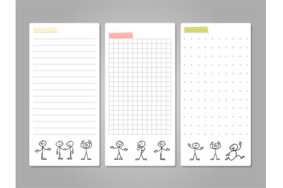 Pages for notes, tags, cards with cute line figures