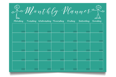 Simple monthly planner template with hand drawn positive stick figures