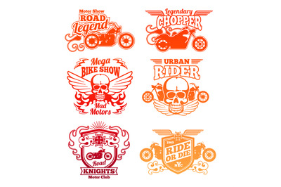 Bright motorcycle labels. Motorbike retro badges and logos