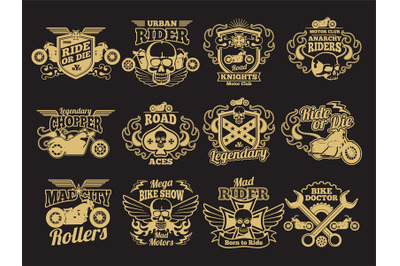 Motorbike club vintage vector patches on black. Motorcycle racing labe