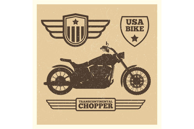 Sport motorbike silhouette and vintage wing labels grunge design