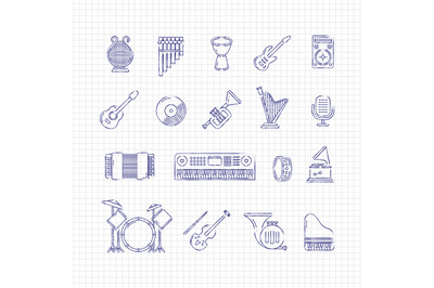 Music concert instruments thin line vector icons