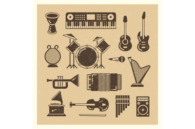 Classic music instruments grunge silhouettes set