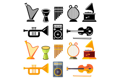 Colorful and black silhouettes of popular classic music instruments