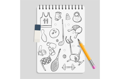 Doodle sport elements on realistic notebook