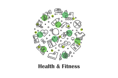 Health and fitness, fresh food outline icons concept vector